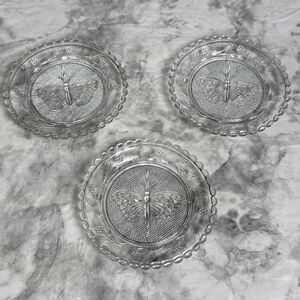 3 Vintage Butter Pat 4.5" Coaster Cup Plate~Pressed Clear Glass BUTTERFLY